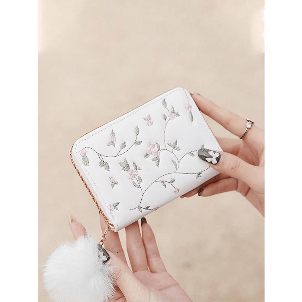 Floral Embroidered Card Holder PU Pocket Wallet Small Bi-Fold Zipper Women Wallet Mini Thin Lightweight Multi Layer Portable белый