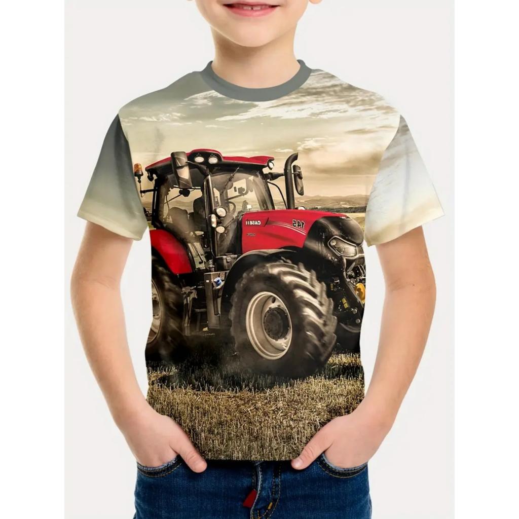 Fed 3D Traktortryk Børnetøj Drenge T-shirt Kortærmet Mode Børne Sommertøj Udendørs Aktive Børnetøj