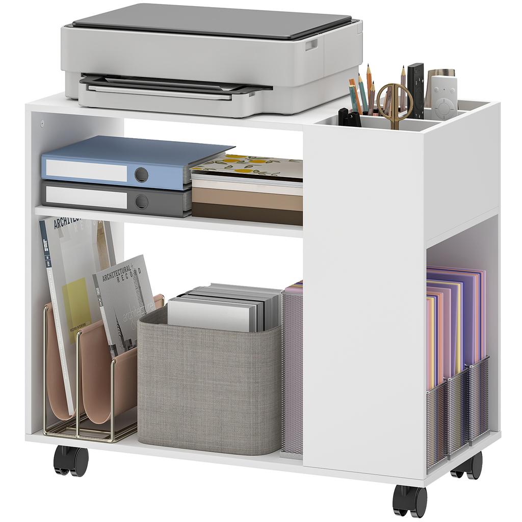 Printer Stand Printer Table with Divided Compartment, Shelves for Office, 70 X 34 X 60 Cm, White