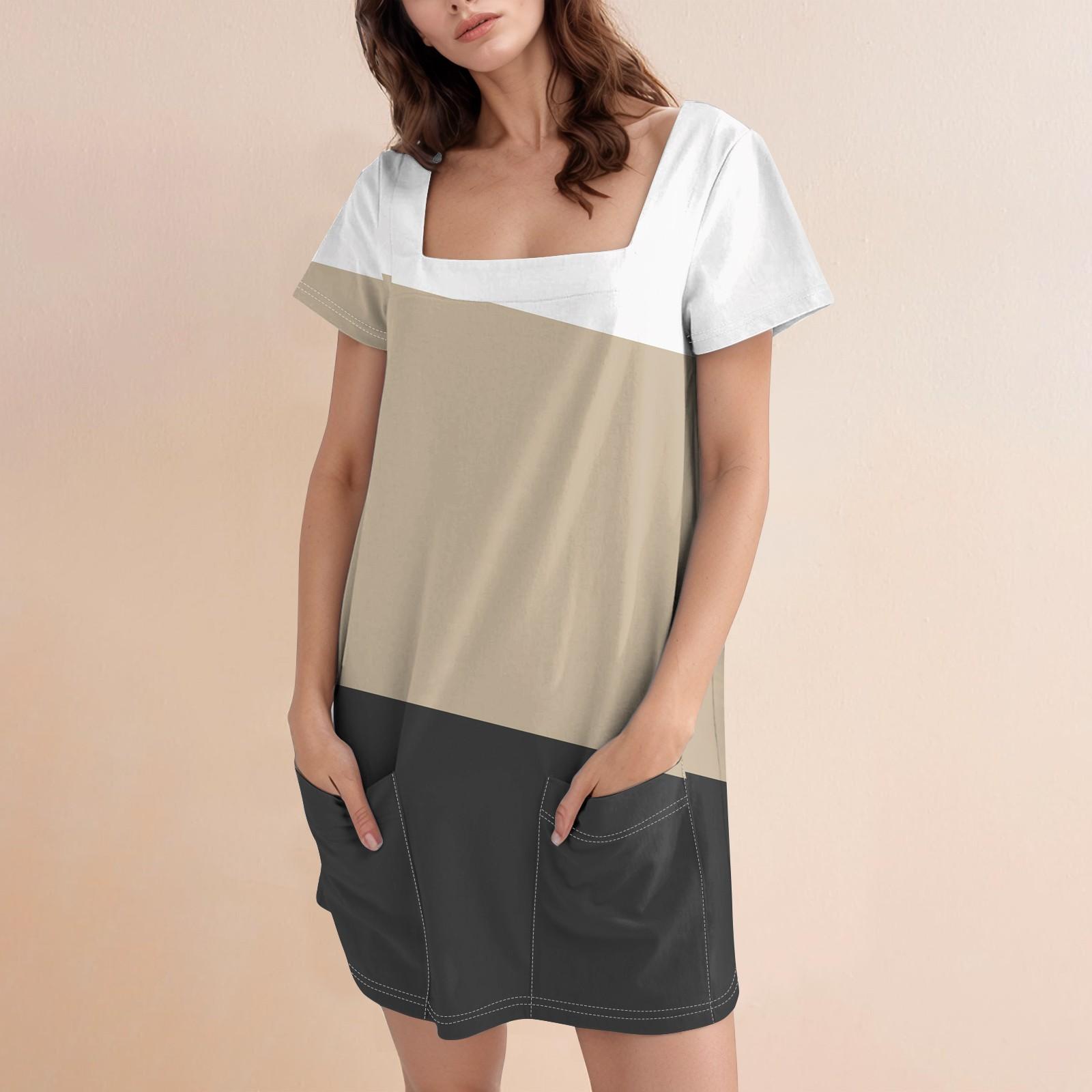 

Женское модное повседневное платье с квадратным вырезом и коротким рукавом L хаки