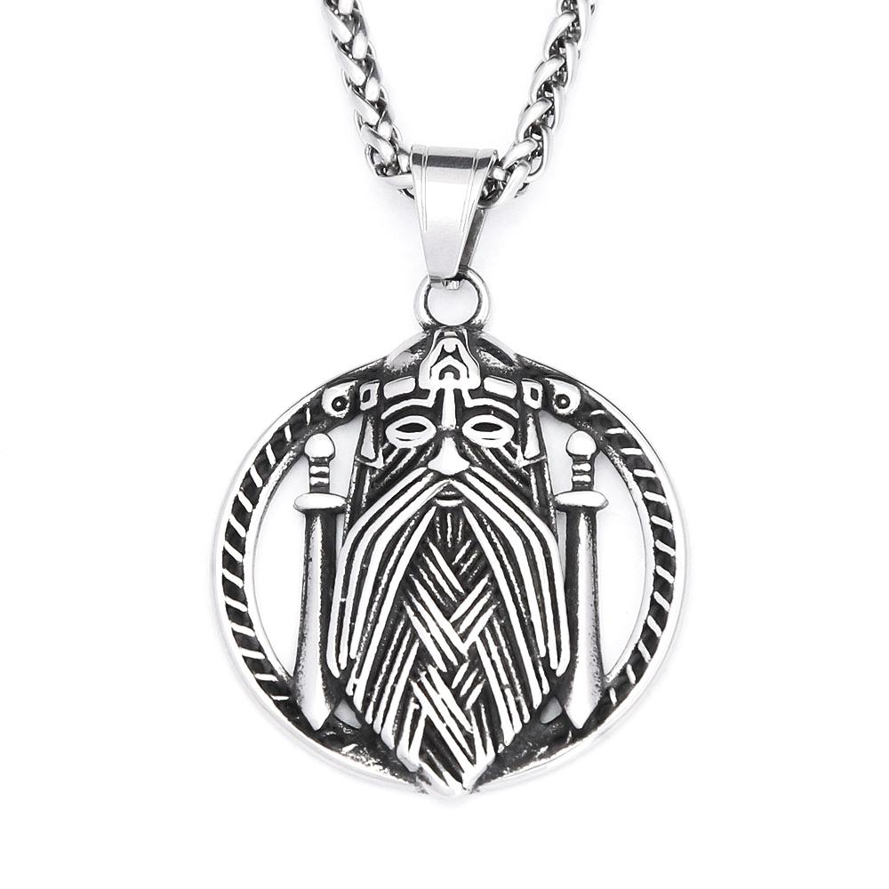 

New Viking Odin Portrait with Double Sword Pendant Necklace for Men Vintage Nordic Stainless Steel Amulet Jewelry Gift Wholesale