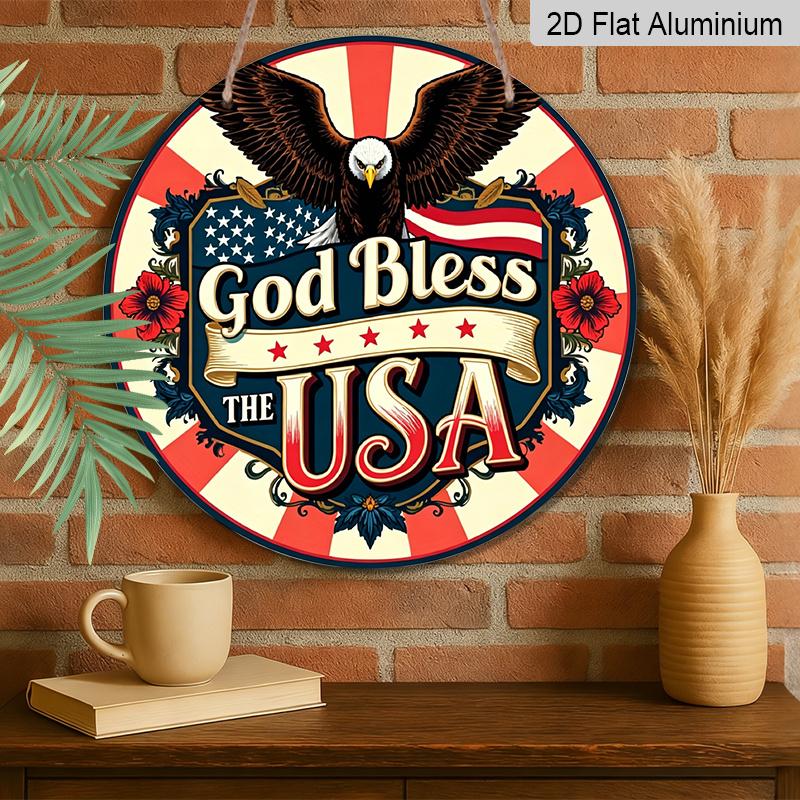 2D Flat, God Bless America Patriotic Metal Sign, Round Aluminum Wall Decor with American Flag Floral Design, Perfect for Independence Day, Veterans