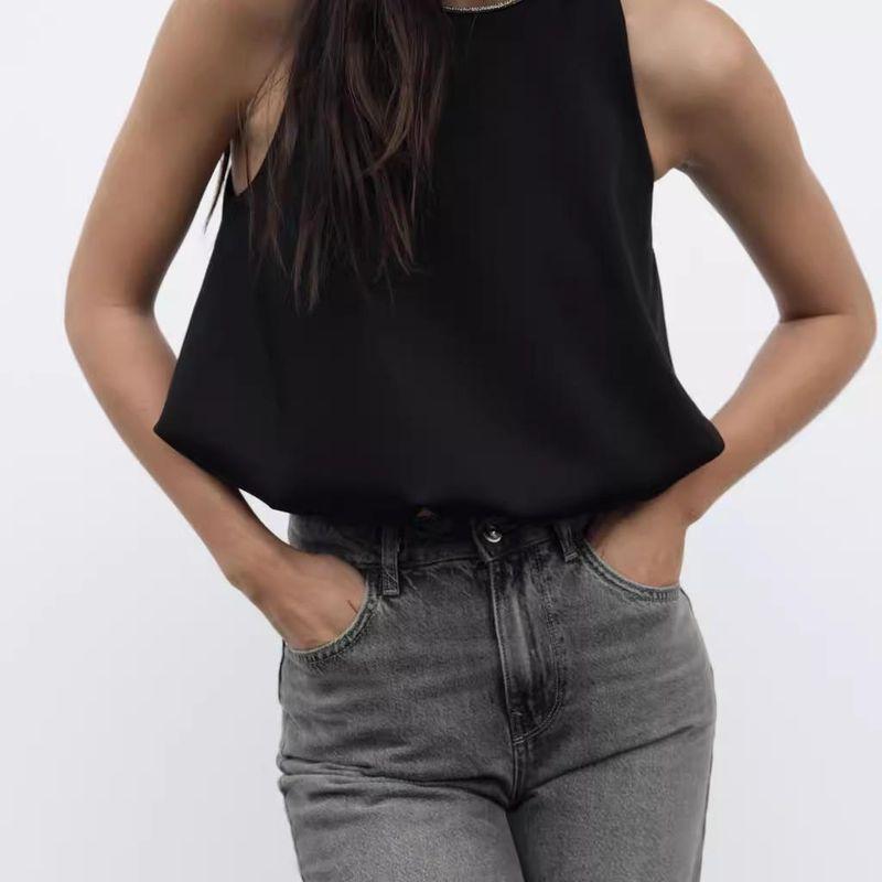 Fall and Winter New Women's Clothing Fashion Wind Open Back Balloon Version round Neck Sleeveless Short Tops 9647606