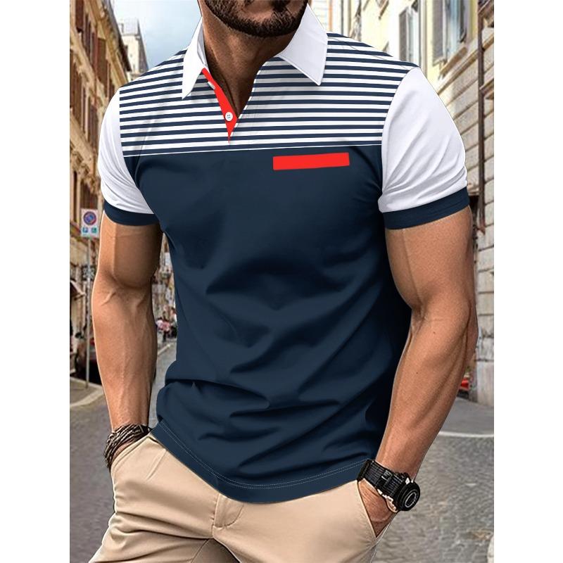 Men’s summer casual printed striped short-sleeved polo shirt with faux pockets and a lapel