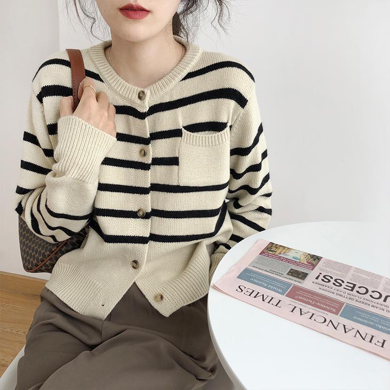 Damen locker gestreifter Strickcardigan - Koreanischer Stil, Neu für 2024, Perfekt für Frühling & Herbst, Dick gestrickte Oberbekleidung