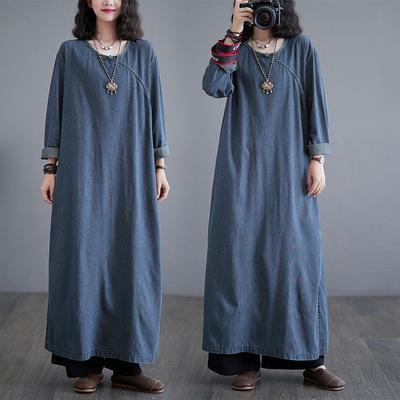 Vintage Split Long Dress O Neck Loose Long Sleeve Denim Dresses for Women