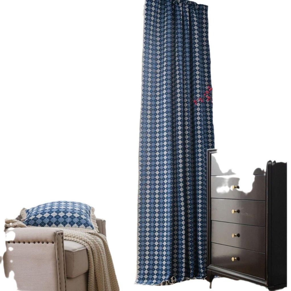 Yimanqiyun Blue French Grid Jacquard Semi-Blackout Bay Window Curtains