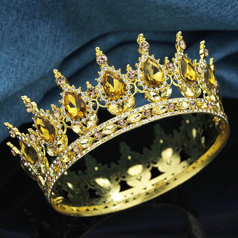 Baroque Round Crown for Bridal Wedding Royal Queen King Tiara Birthday Party Performance Head Accessories Diadem Jewelry