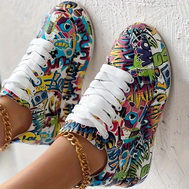 Fashion Painting Graffiti Big Size Sports Women's Shoes 2025 New Women's Outer Wear Lacing Comfortable Thick Bottom White Shoes