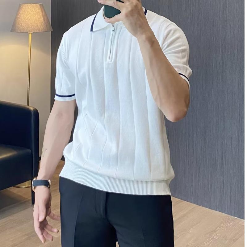 Men's Italian Business Casual Striped Polo Shirt: Light, Breathable, Short-Sleeved, Knitted T-Shirt