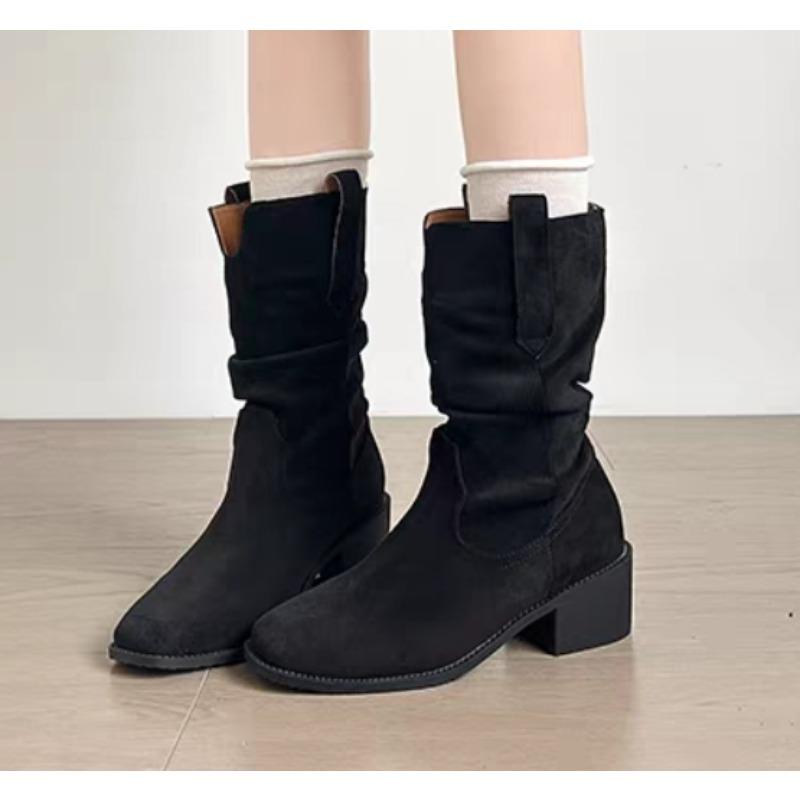 Autumn and Winter New Women's Ankle Boots Cow Suede Leather Shoes for Women Pointed Toe Short Boots Chunky Shoes Western Boots