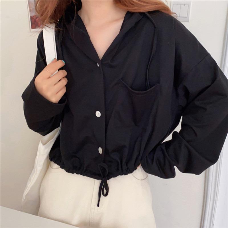 

Season Women s Clothing Hooded Lazy Jacket Loose Drawstring Short Skinny Cardigan Solid Color Sweater 2XL чёрный