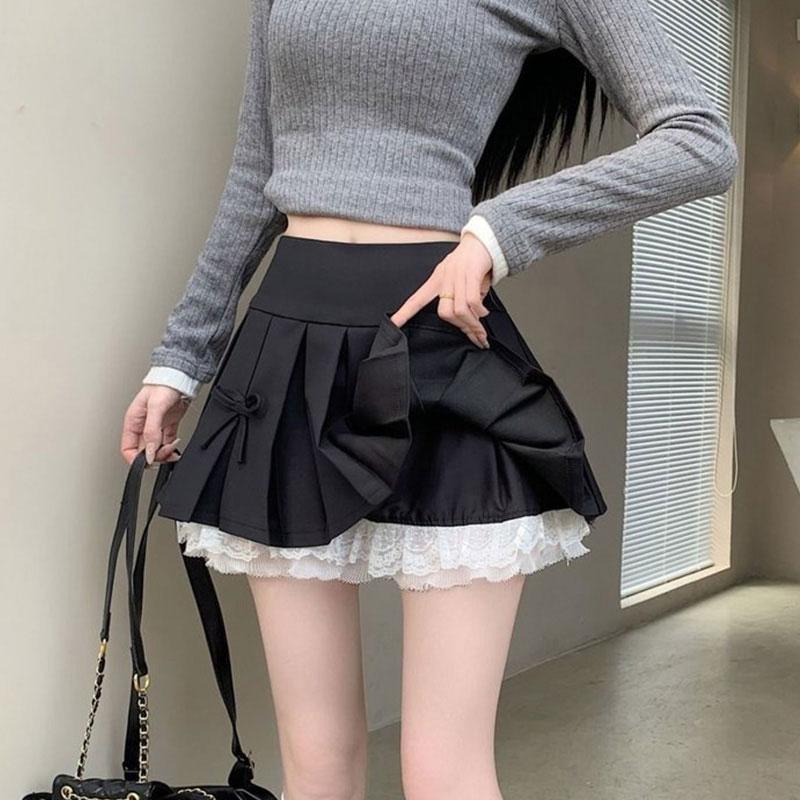 Mini Pleated Skirts Women Hot Girls Sweet Bow Vintage Y2k Clothes Streetwear Sexy Summer Autumn A-line Lace Splicing Goth Skirt