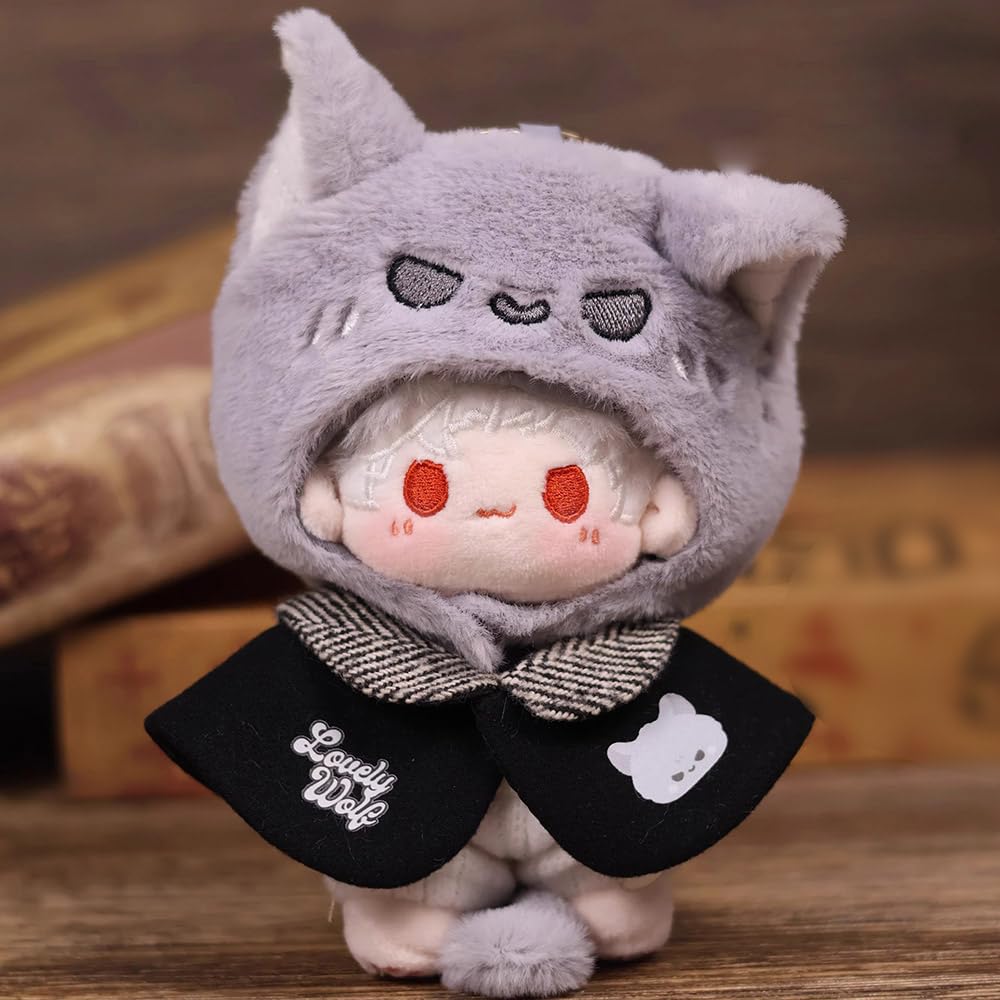 Niannyyhouse Plush Doll Clothing Set (10-15cm) - Hat, Cape, Pants, Wolf Bear Pattern - Plush Doll Dress-Up Accessory (Gray)