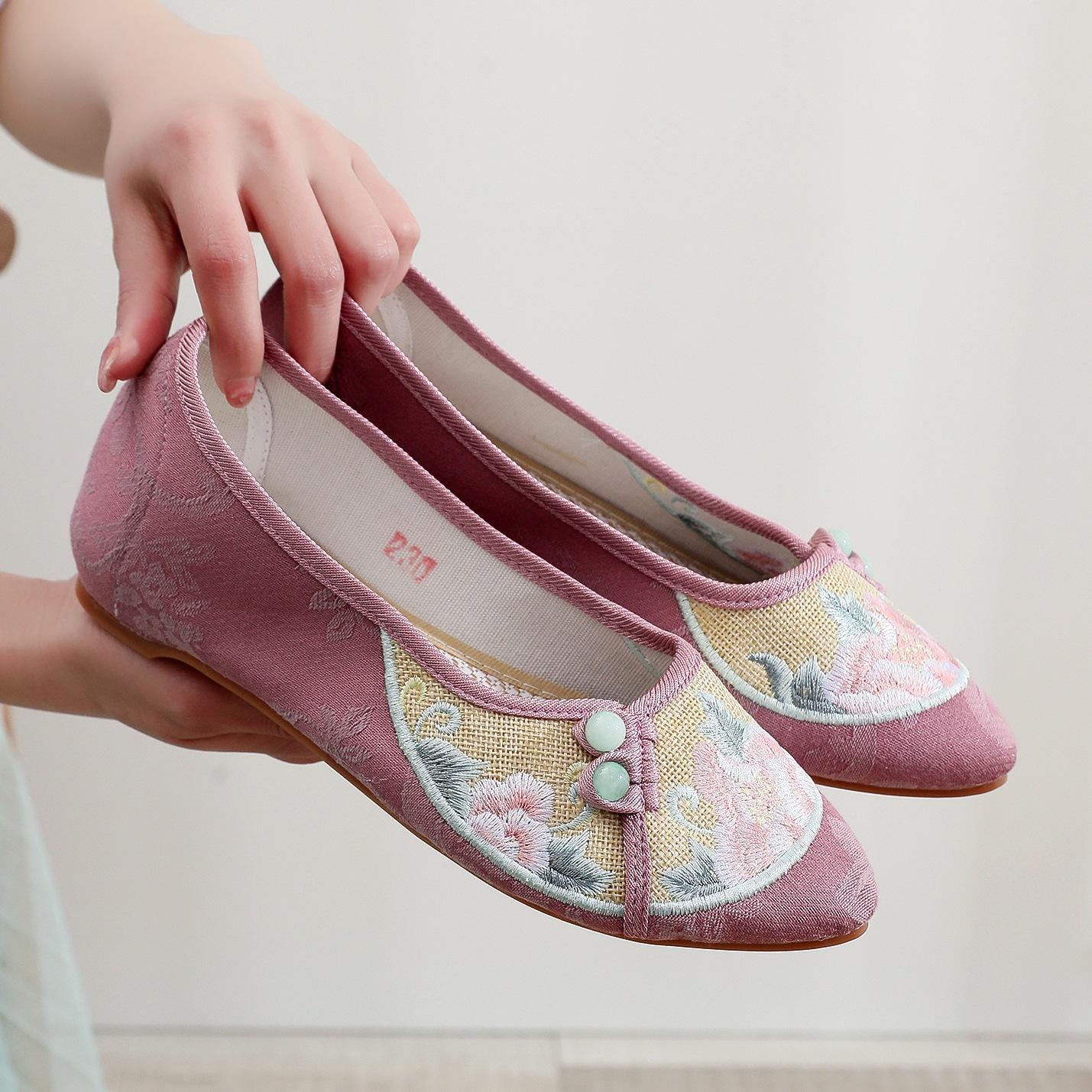 

[Мэнчжу] 2024 весна китайский стиль ретро вышивка цветок жаккардовый хлопок, туфли-лодочки ципао, обувь для ханьфу 41 розовый