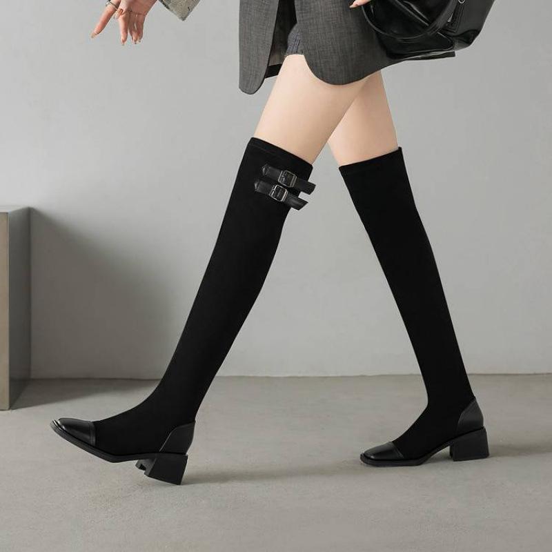 New women's elastic boots women's comfortable sleeve rubber sole middle heel square head suede over knee boots autumn and winter large size boots