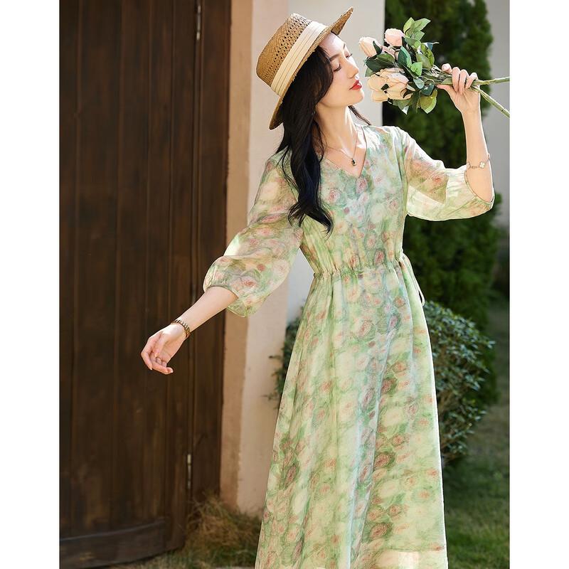 Demana Monet Garden Printed V-Neck A-Line Midi Dress