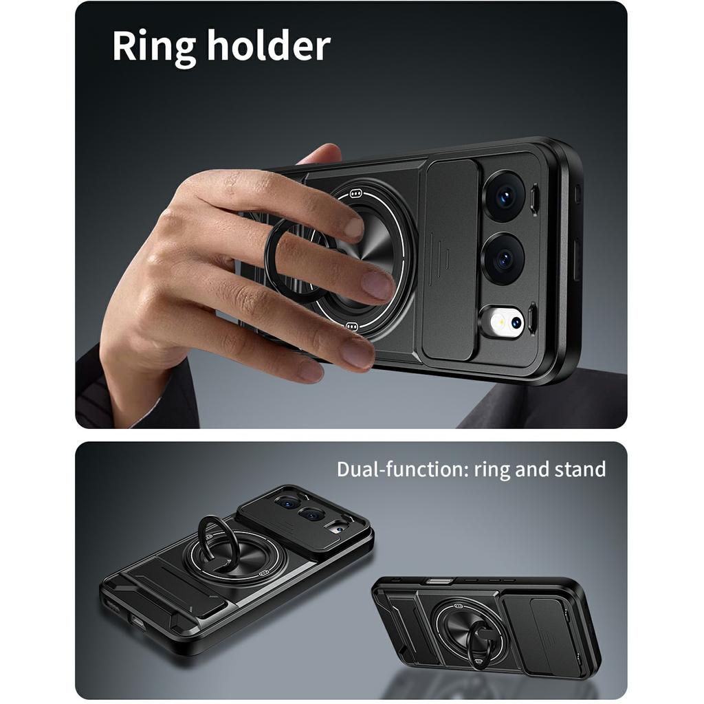 For Honor 500 5G Magnetic Case Ring Holder Foldable Kickstand TPU PC Phone Cover with Camera Lens Slider