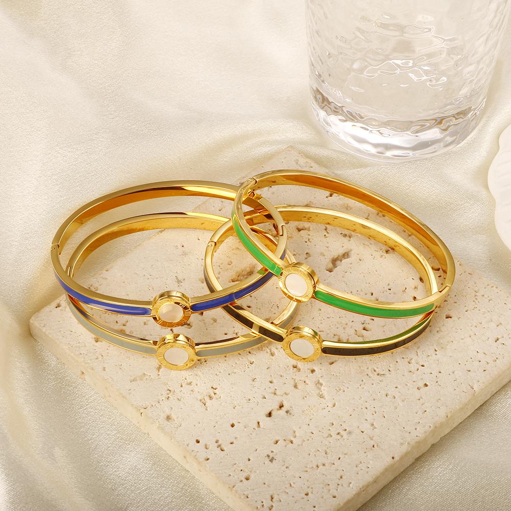 Popularity Stainless Steel Colorful Sweet Enamel Shell Bangle for Women Round Roman Numerals Bracelet Waterproof Trendy Jewelry