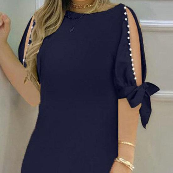 Women Dress Hollow Out Short Sleeves Round Neck Solid Color Soft Breathable Loose Knee Length Faux Pearl Decor Lady Commute Midi Dress