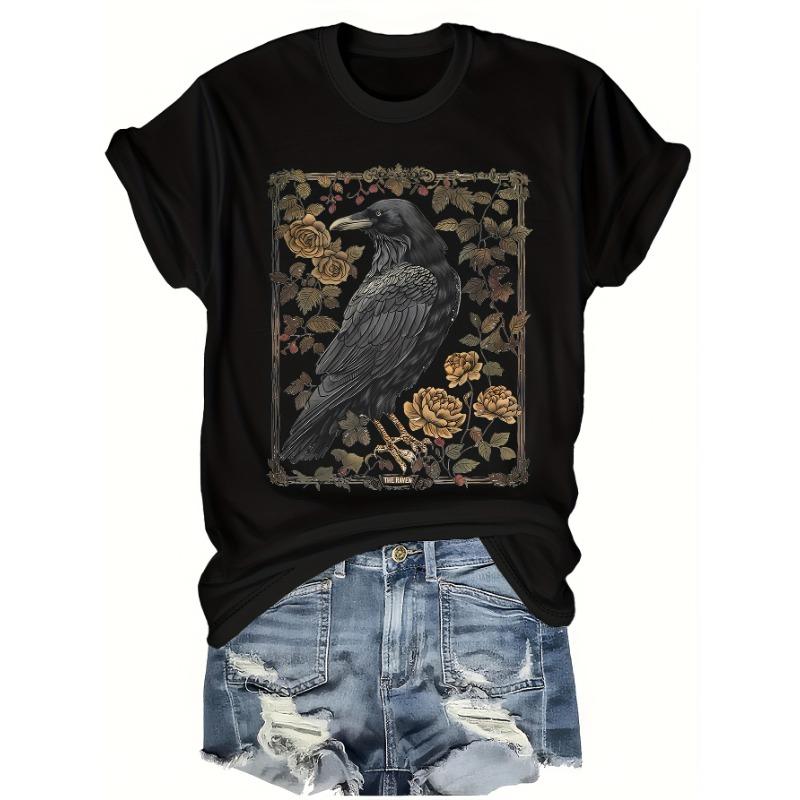 

European sizes Vintage Floral And Crow Pattern Printed Short-Sleeve Round-Neck T-Shirt for Women S Spring And Summer Wear 4XL чорний