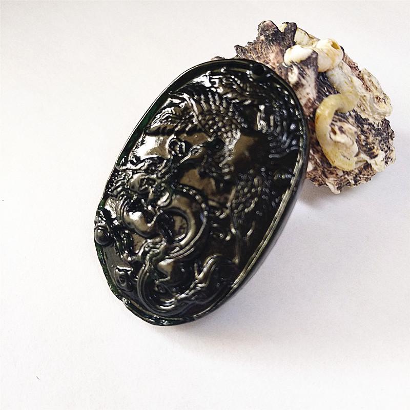 Hetian Jade Dragon  Phoenix Pendant Necklace - Grade A Black Green Jade, Unisex Birthday Gift 0179