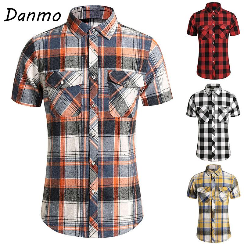 

Danmo, летняя модная повседневная мужская рубашка, полосатая клетчатая рубашка с короткими рукавами, мужские однобортные хлопковые рубашки с квадратным воротником, большие размеры