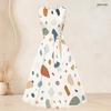 Women Plus Size Two Piece Outfit Round Neck Sleeveless Tie Waist Flared Dress Three Quarter Sleeve Open Cardigan Geometric Printed Pink Black White
