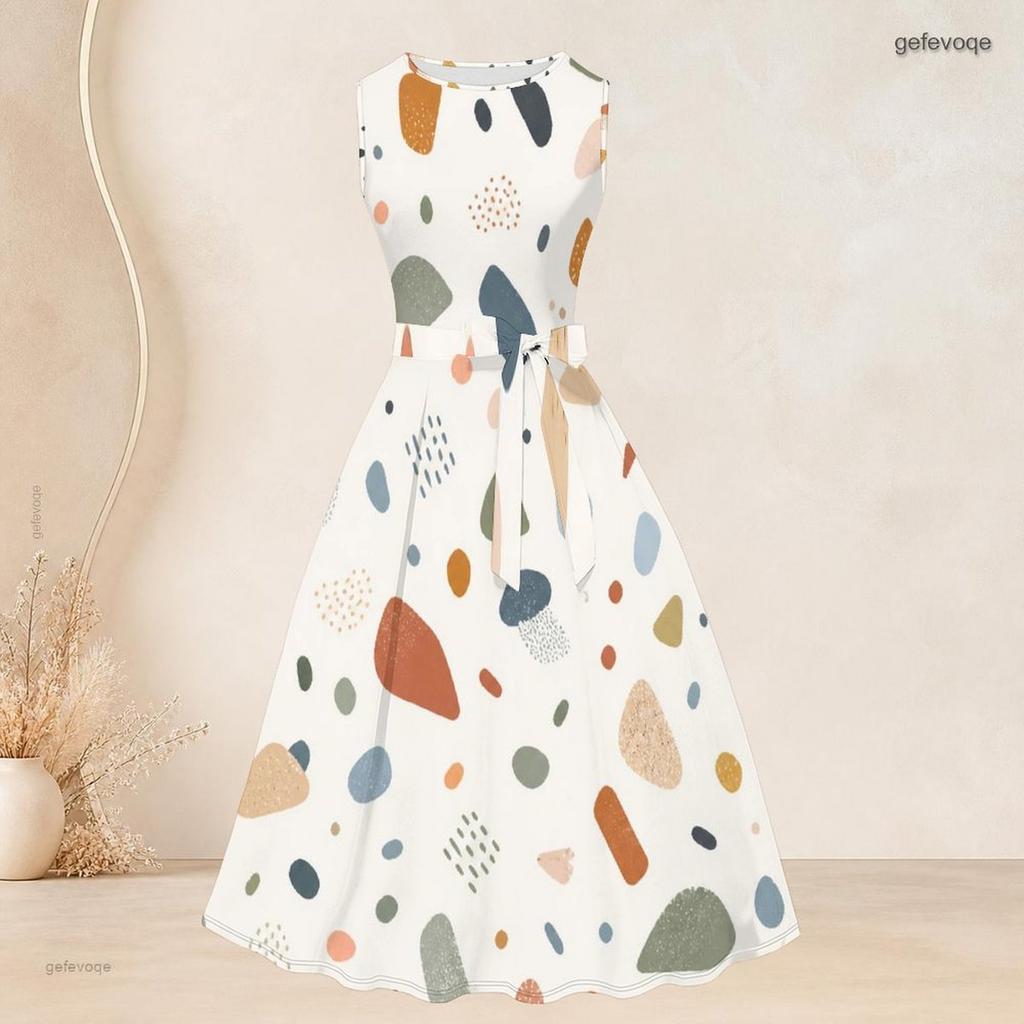 Women Plus Size Two Piece Outfit Round Neck Sleeveless Tie Waist Flared Dress Three Quarter Sleeve Open Cardigan Geometric Printed Pink Black White