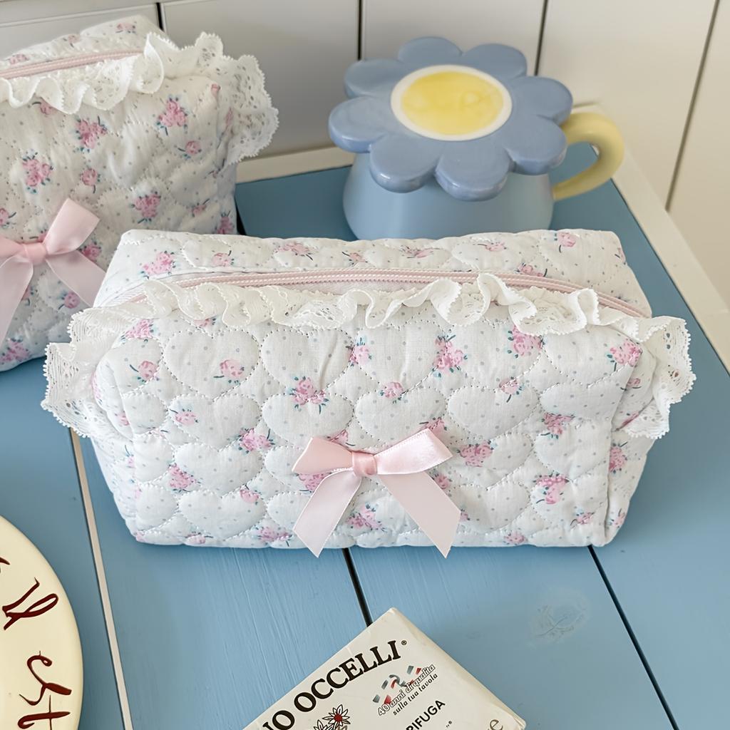 Sweet Floral Cosmetic Bag for Women - Pink Rose Design with Ruffled Edges & Ribbon Bow, Cute Makeup Bag, Playful Aesthetic