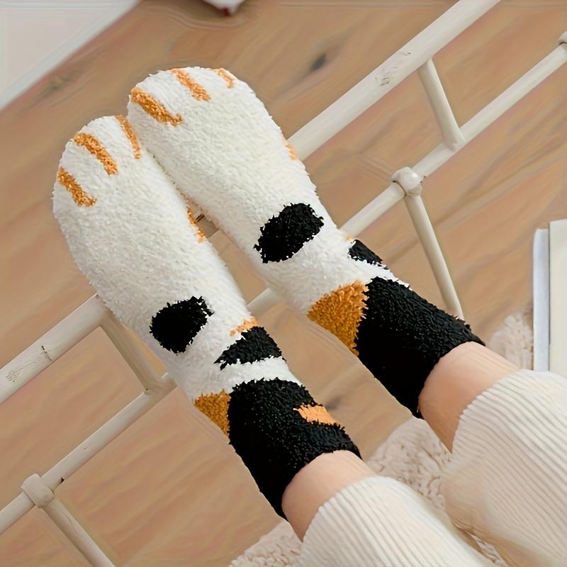 Autumn&Winter 3 Pairs Women's Cat Paw Pattern Thermal Socks,Fuzzy Soft Comfortable Coral Fleece Striped Cute Design Warm Floor Socks for Cold Weather