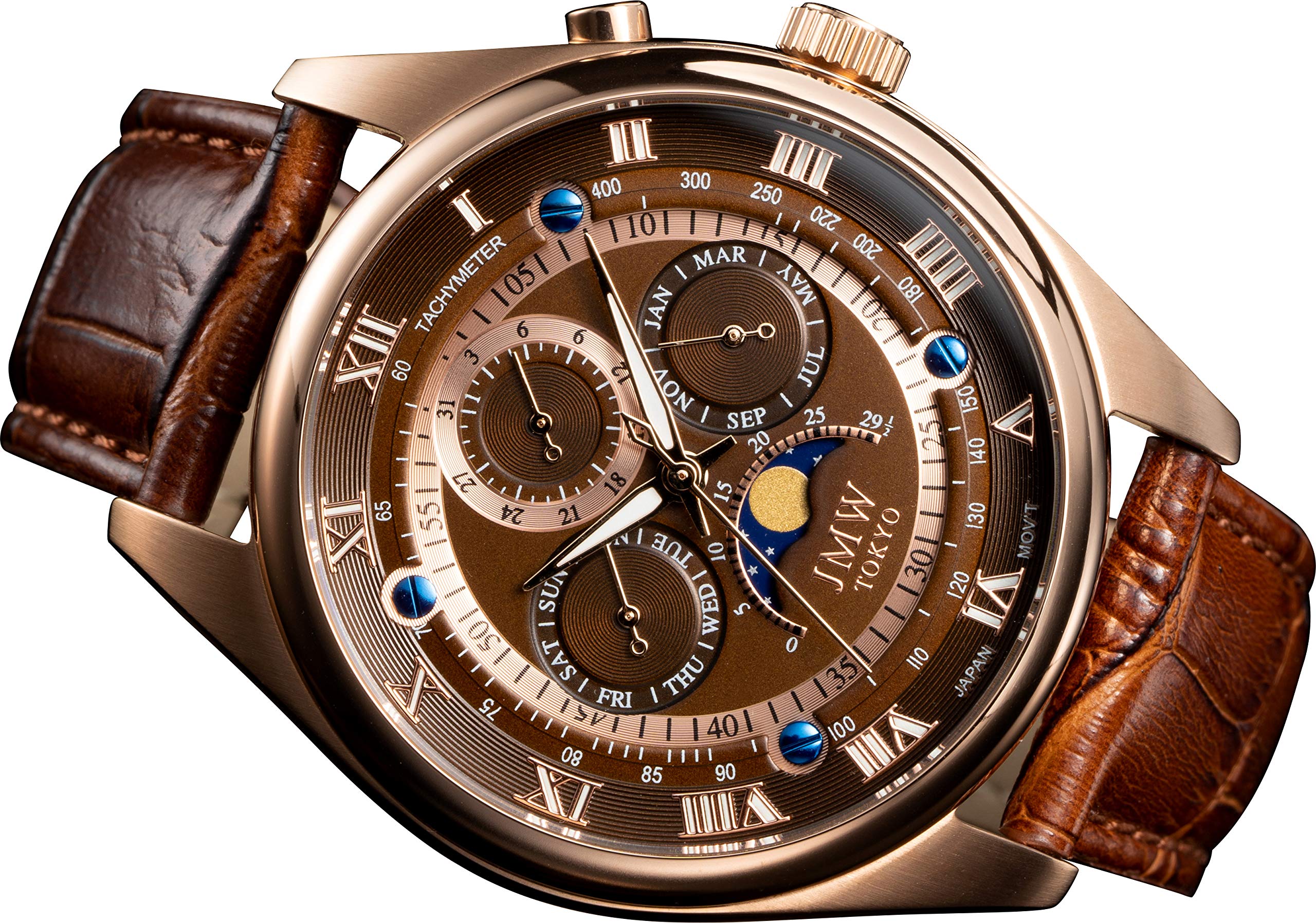 

Часы Advanced Moon Phase 100m Waterproof из натуральной кожи с ремешком и римскими индексами, коричневого и золотого цвета, подарок на 300 штук, подарок на день [JMW TOKYO] Мужские