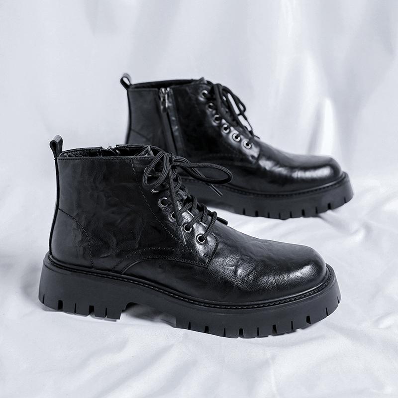 Fashion High-quality Leather Fashion Brand Outdoors Men's Glossy Comfortable Thick Soled Chelsea Retro Casual Side Zipper Lace Up Boots