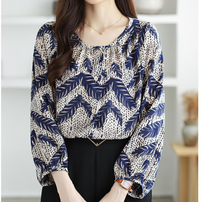 Fashion Elegant Casual Loose Chiffon Shirts Women Long Sleeve Tops Plus Size Women's Blouses Round Neck Slim Vintage Print Shirt Woman Clothing 26340