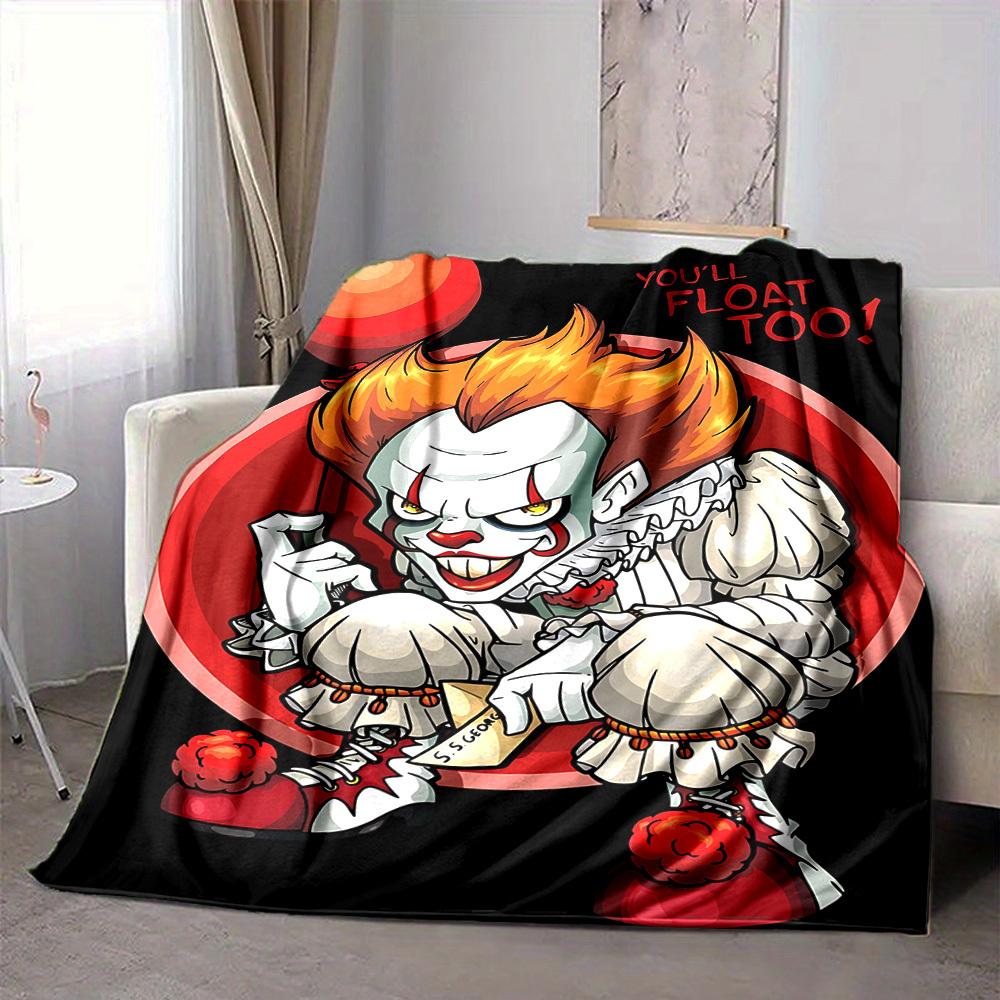1pc It "Clown" Flannel Throw Blanket - HD Printed Lightweight Soft Warm All-Season Blanket for Sofa, Bed, Travel, Camping 020