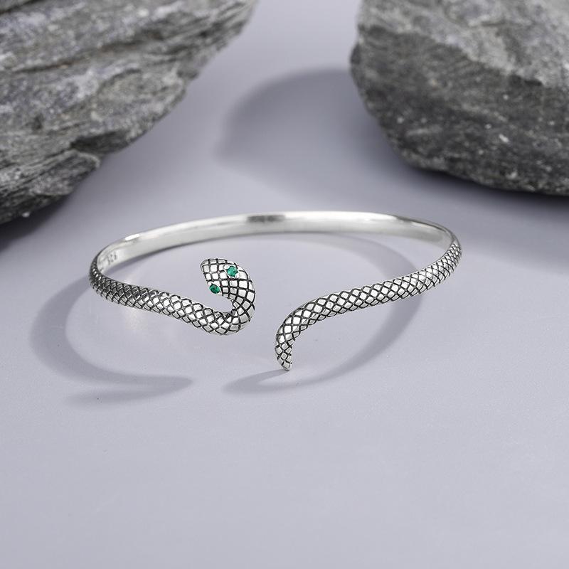 

Retro Vintage Snake Bangle 925 Sterling Silver Jewelry Green-Eyed Stone Personality Animal Opening Bracelets TYB641
