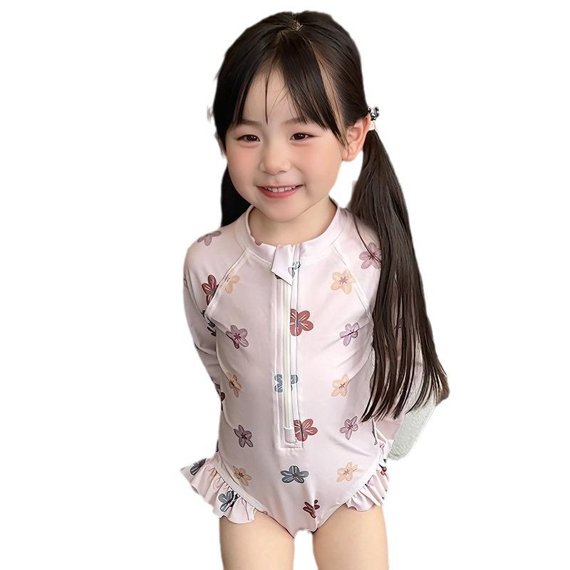 Jednoczęściowy strój kąpielowy z długim rękawem dla dziewczynek - Uroczy styl księżniczki z ochroną przeciwsłoneczną dla maluchów, Idealny na wiosenne i letnie wakacje