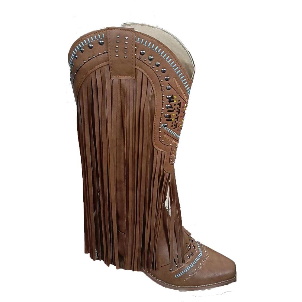 

Новые европейские и американские остроносые ботинки Мартина средней длины, вискозная обувь, ботинки с бахромой, этнические ретро женские туфли 39 коричневый