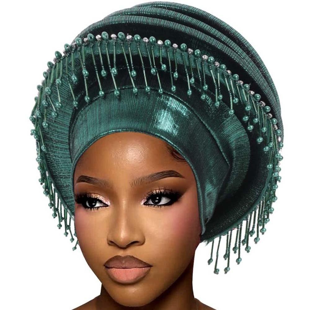 Layered Auto Gele Structured Beaded Headtie Ceremony Headpiece Fringe Headwrap  Prom Queen темно-зеленого