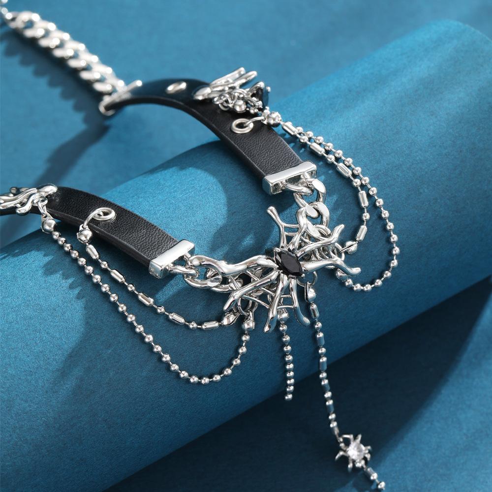Minba Niche Sweet Cool Babes Choker Spider Web Neck Chain Street Hip Hop Ins Short Leather Necklace Female