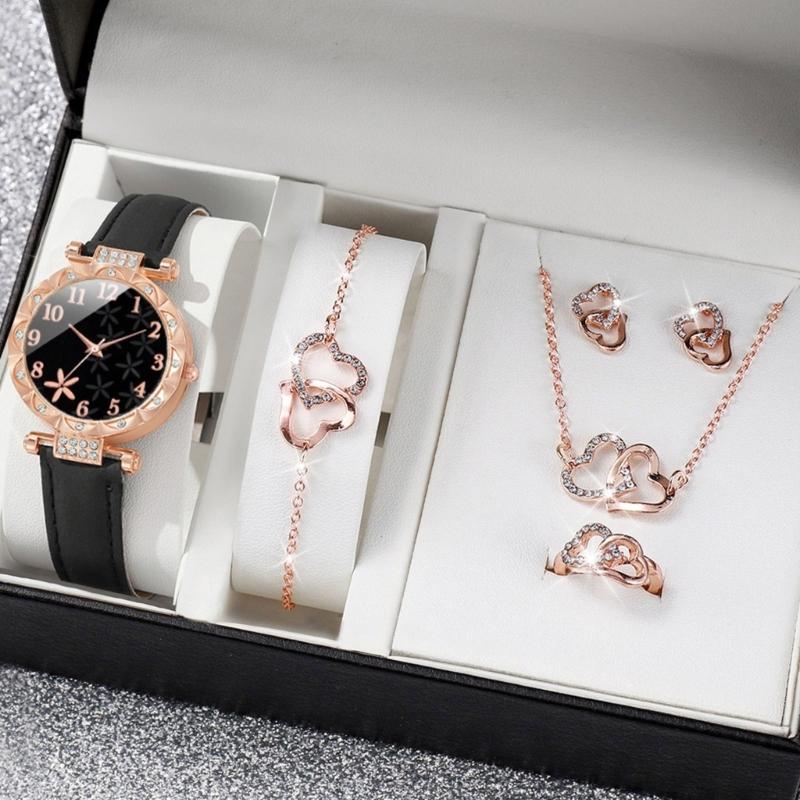 Stylish Watch with Matching Pendant Necklace Chain Bracelet Rings Butterfly Studs Earrings Jewelry Set Alloy Texture