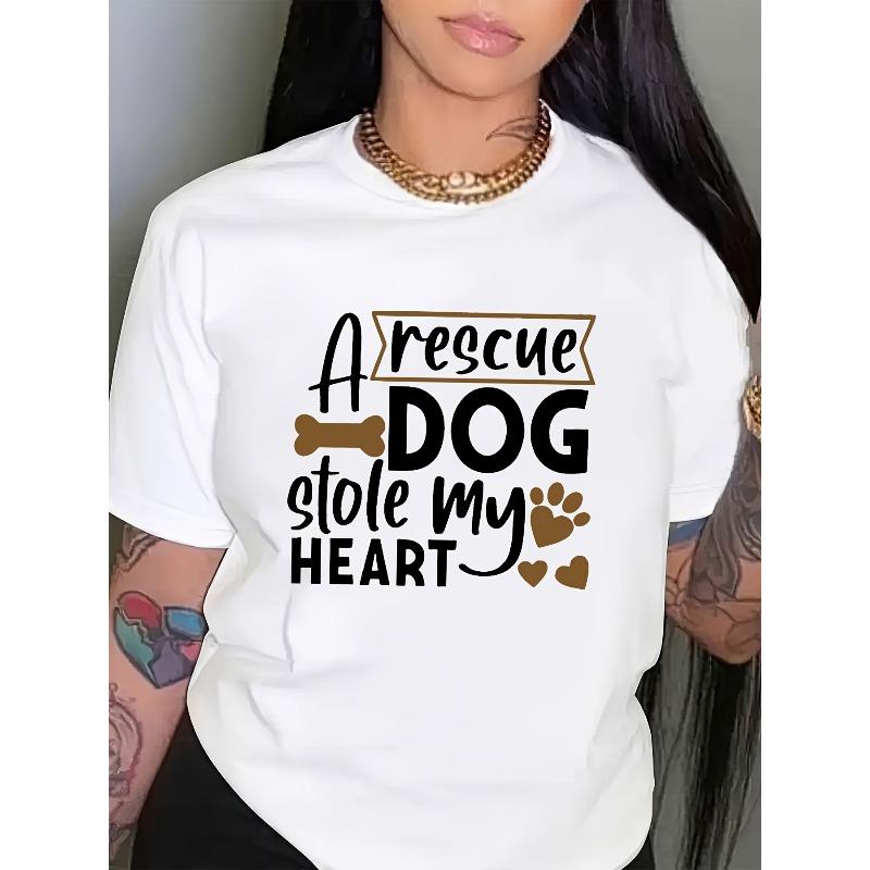 Women's Rescue Dog Heart Graphic Tee Casual Short Sleeve Crew Neck Summer Top