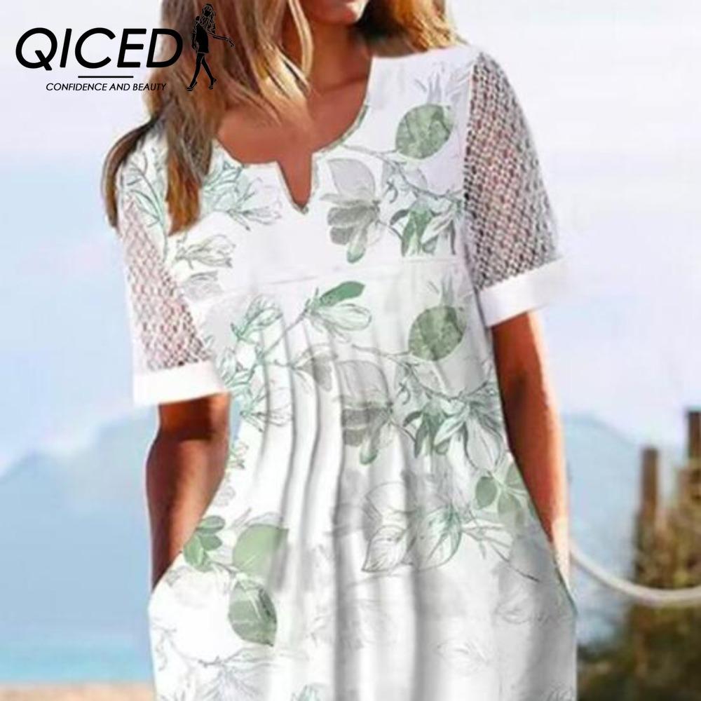 QICED Summer Dress With Pockets Anti-Pilling Popular Floral Print Cocktail Tunic Long Streetwear Dressy Outfits