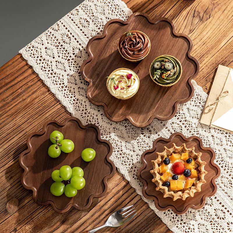 Wooden dessert coffee cake plate Japanese solid wood tray high appearance level lace household fruit plate for holiday