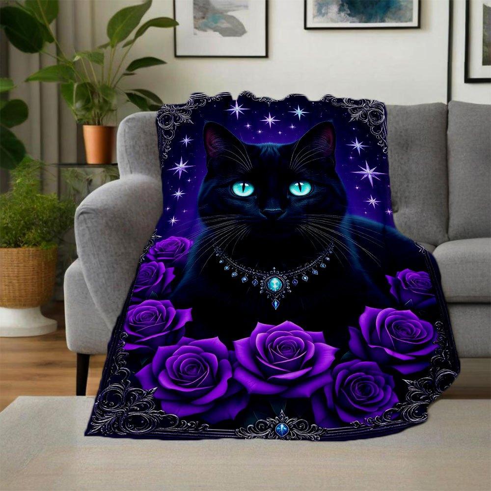 "Enchanted Black Cat with Stars and Roses Wall Art Print"Blanket Flannel Throw Blanket for Sofa, Bed, Travel, Camping, Office
