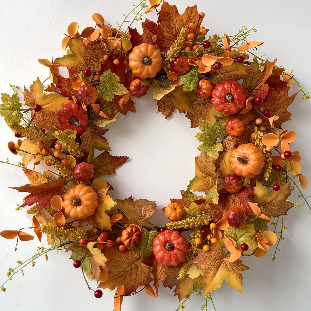 Autumn Harvest Wreath with Pumpkins & Berries. Durable, No Maintenance. Perfect for Thanksgiving & Halloween Decor.