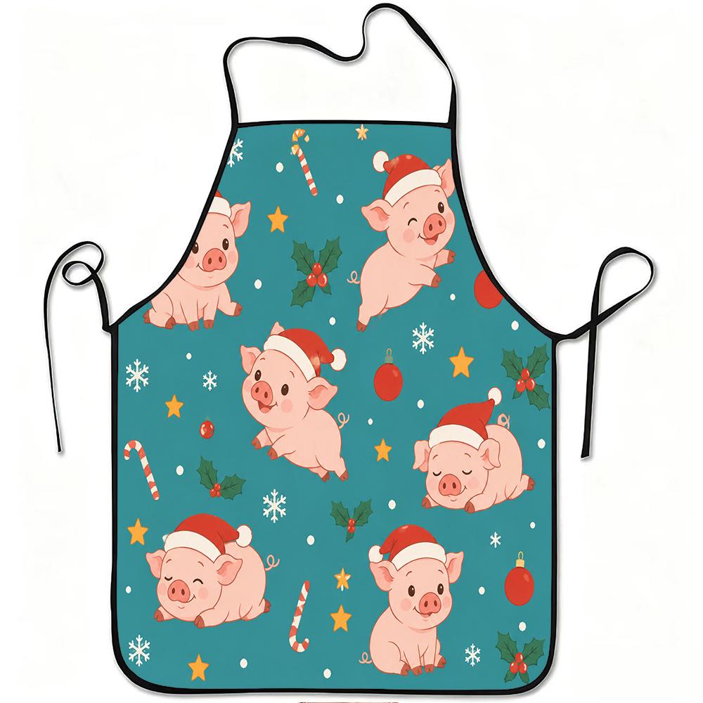 1pc Cute Christmas Pig Print Apron, Durable And Easy to Clean, Adjustable Waistband, Polyester Material, for Kitchen Cooking, Ga