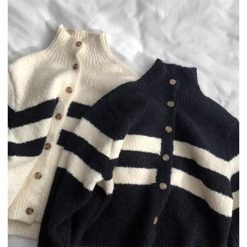 Fashion Turtleneck Striped Knitted Cardigan Women's Sweater Autumn and Winter Coat Loose Simple Casual Office Top Ladies Clothing