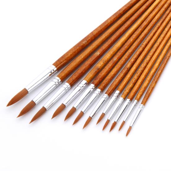 12Pcs Nylon Hair Wooden Handle Paintbrush Water Color Drawing Painting Brushes