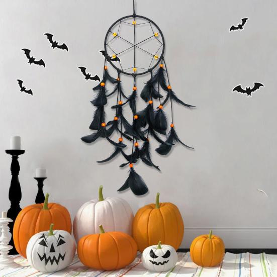 

Ловец снов из черного пера на Хэллоуин для домашнего офиса, гостиной, спальни, настенное искусство, подвесное украшение ручной работы из перьев, украшение, подвеска чёрный